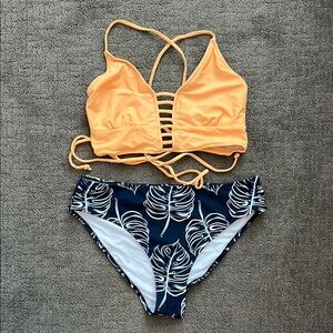 Yellow Strappy Bikini Top with Leaf Print Bottom